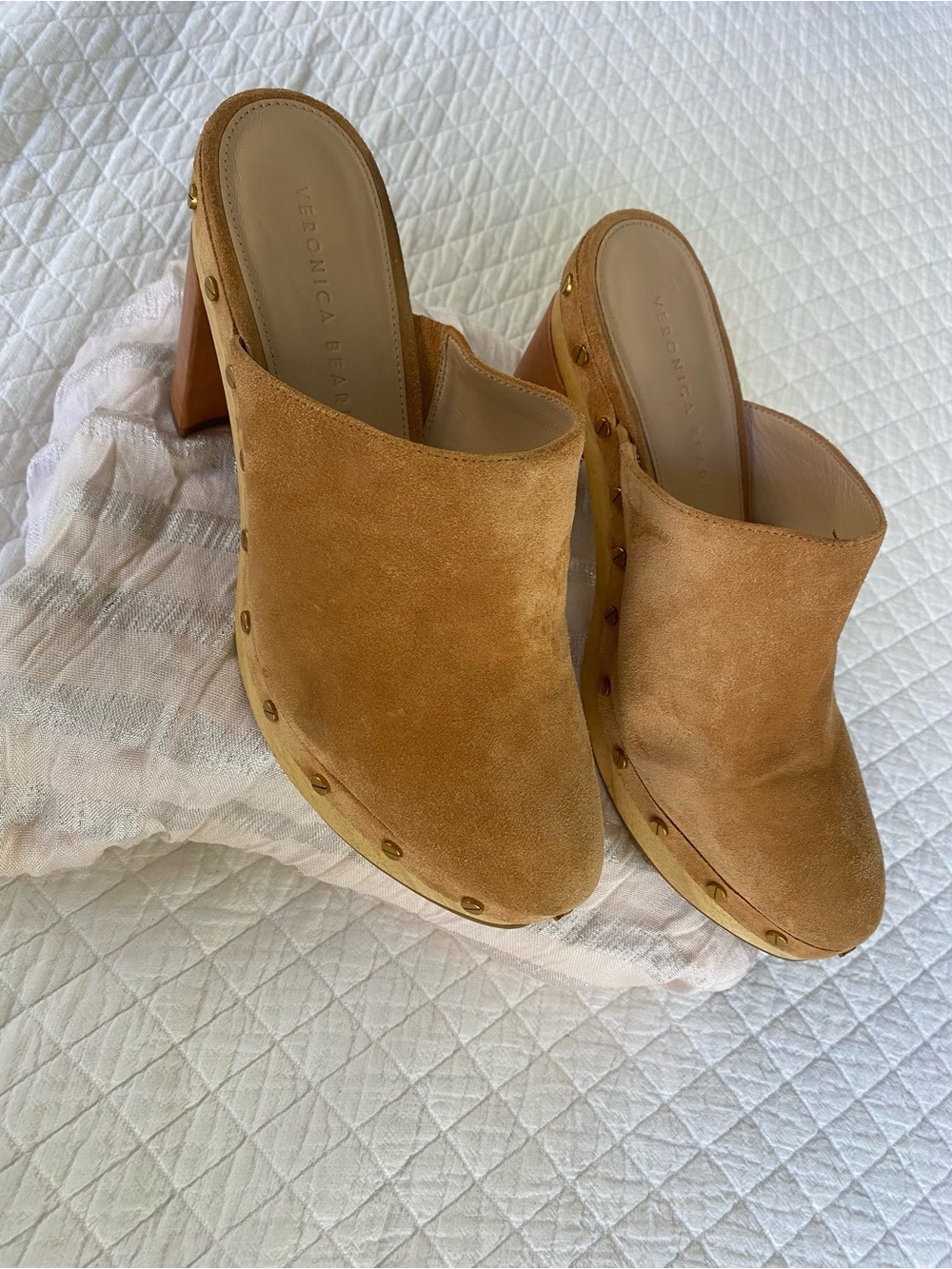 Veronica Beard Grita Tan Suede Studded Block Mule Heels Clogs Boho Western 9M